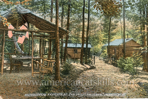 Well-known photographer Otto Hillig published this vintage postcard titled “Refreshment Pavilion at the Trout Preserve, Liberty, N.Y.”