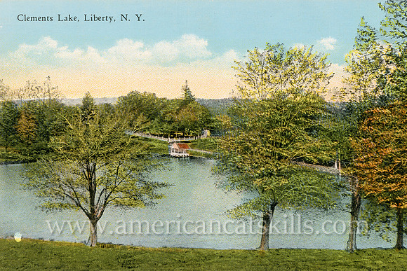 This vintage postcard of the Clements Lake at the village of Liberty, New York was taken by photographer Otto Hillig.