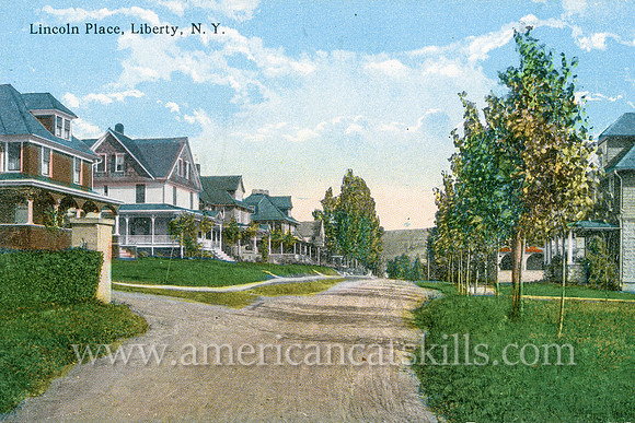 Vintage postcard from photographer Otto Hillig depicting the village neighborhood of Lincoln Place at Liberty, New York.