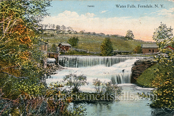 Vintage postcard by Otto Hillig of a beautiful waterfall scene at the hamlet of Ferndale in Sullivan County, New York.