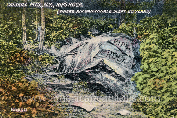 Vintage Catskills postcard depicting Rip’s Rock in Sleepy Hollow where sleepy Rip Van Winkle supposedly took his 20-year nap.