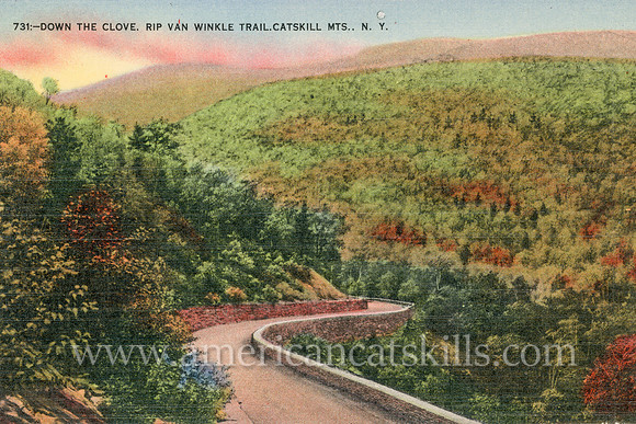 Vintage postcard of the Rip Van Winkle Trail as it travels through Kaaterskill Clove in the northern Catskills.