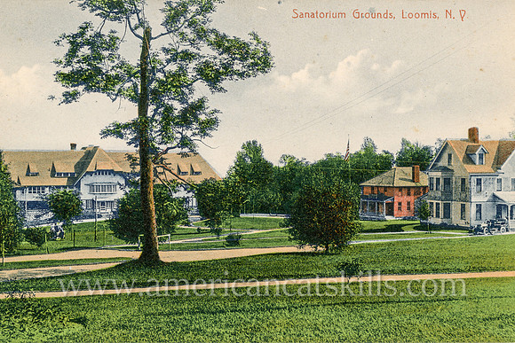 Vintage Catskills postcard by photographer Otto Hillig showing the grounds of the Loomis Sanatorium near the village of Liberty in Sullivan County, New York.