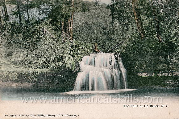 Vintage postcard from Otto Hillig of a beautiful waterfall at the hamlet of De Bruce in Sullivan County, New York.