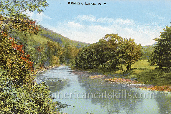 Vintage postcard from photographer Otto Hillig of a peaceful river scene at Kenoza Lake in Sullivan County, New York.