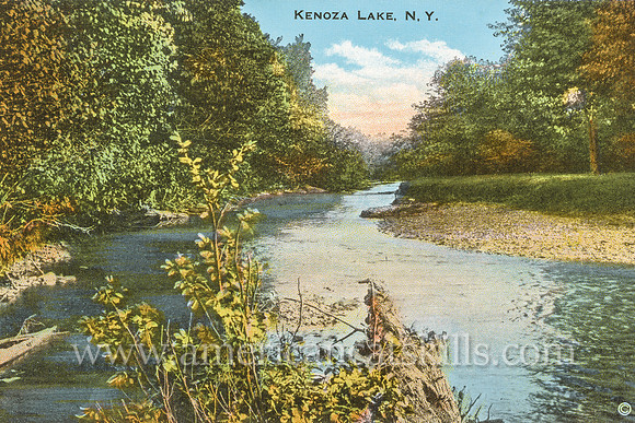 Vintage postcard from photographer Otto Hillig of a peaceful river scene at Kenoza Lake in Sullivan County, New York.