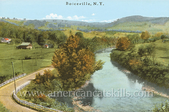 Vintage postcard by photographer Otto Hillig depicting a peaceful river scene and its surrounding mountains at the community of Boiceville in Ulster County, New York.