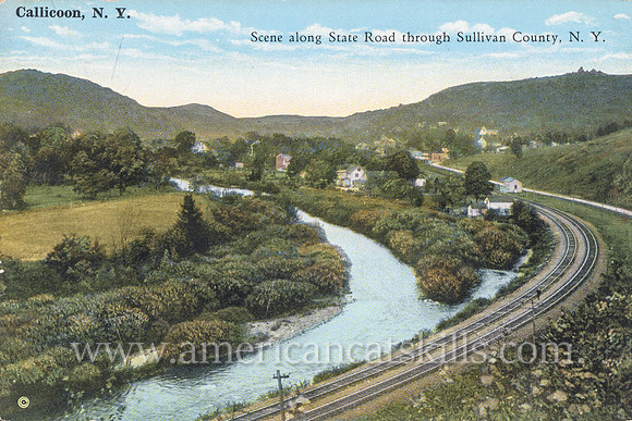 Vintage postcard published by photographer Otto Hillig showing a landscape at Callicoon titled “Scene along State Road through Sullivan County, N.Y.”