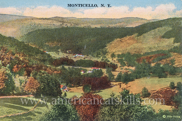Vintage postcard by photographer Otto Hillig that depicts the farms, fields and mountains surrounding the village of Monticello in Sullivan County, New York.