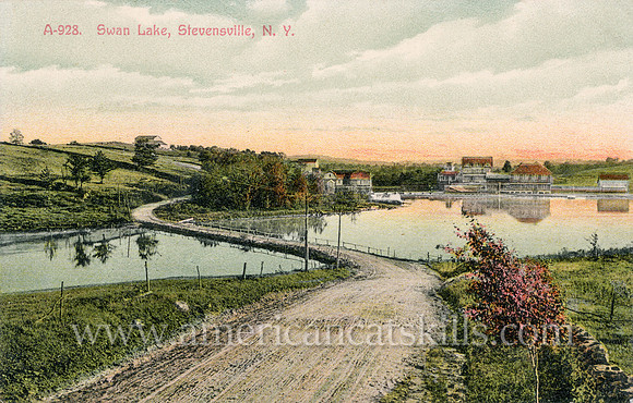 Vintage postcard titled "Swan Lake, Stevensville, N. Y." published by photographer Otto Hillig of Liberty, New York.