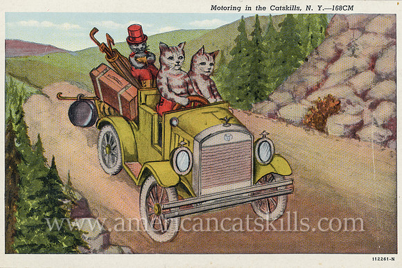 Vintage postcard titled “Motoring in the Catskills, N.Y.” by C. W. Hughes that was used to market the Catskill Mountains region of New York State.