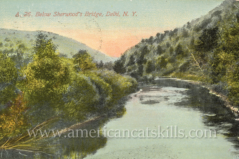 Vintage postcard by Merrill and Humphries of the Delaware River below Sherwood’s Bridge in Delhi, New York.