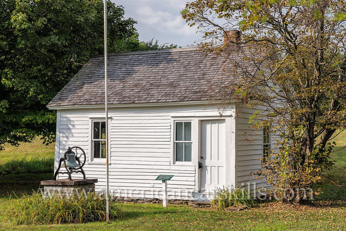 Photograph of the Husted Hollow Schoolhouse, originally located in Kortright, but now at the Delaware County Historical Association in Delhi, New York.