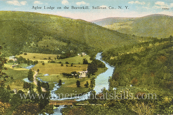Photographer Otto Hillig published this scenic postcard depicting the Agloe Lodge along the Beaverkill in Sullivan County, New York.