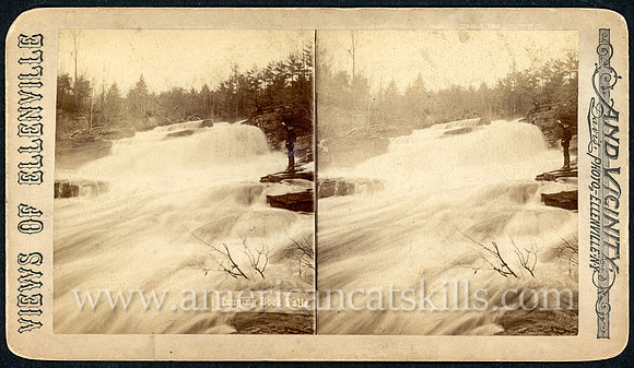 Stereoview titled "Hanging Rock Falls" from the "Views of Ellenville and Vicinity" series by photographer Winfield S. Davis of Ellenville, New York.
