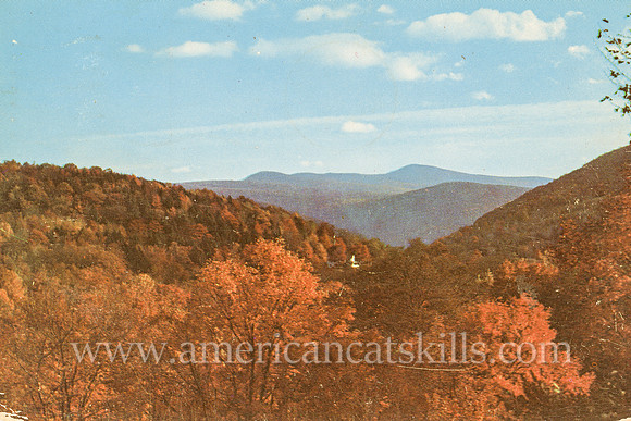 Vintage Bob Wyer photograph from his popular Catskill Mountain Vacationlands series depicting the beautiful view from top of Pine Hill.
