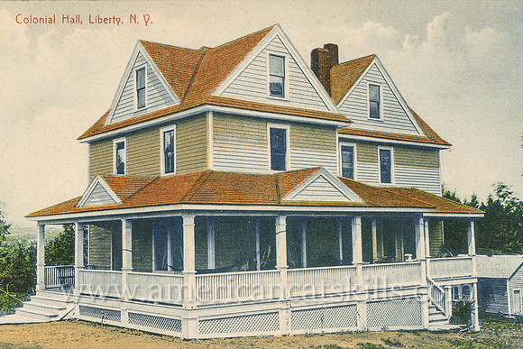 Vintage postcard by photographer Otto Hillig depicting the charming Colonial Hall building in the village of Liberty, New York.