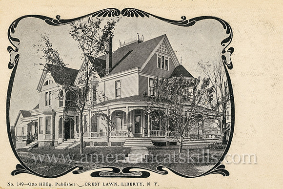 Vintage postcard published by photographer Otto Hillig depicting the charming Crest Lawn building in the village of Liberty, New York.