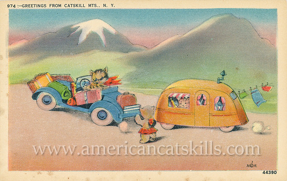 Vintage Catskills postcard by the Kingston News Service depicting a family of cats with their car loaded with luggage, towing an RV, with laundry hanging on a clothes line.