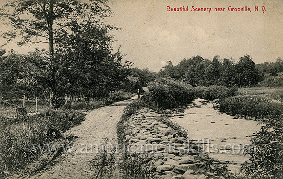 Vintage postcard titled "Beautiful Scenery near Grooville, N. Y." published by photographer Otto Hillig of Liberty, New York.
