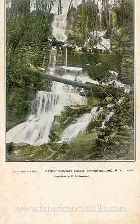 Vintage postcard titled "Peggy Runway Falls, Narrowsburg, N. Y." published by photographer W. D. Greenleaf of Narrowsburg, New York.