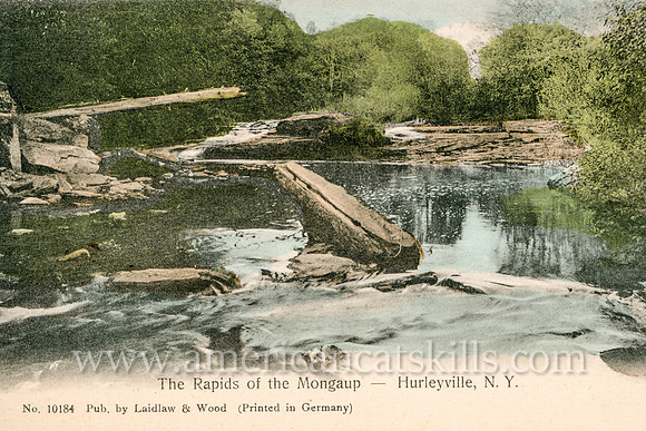 Vintage postcard titled "The Rapids of the Mongaup - Hurleyville, N. Y." published by the photographic firm of Laidlaw and Wood of Hurleyville, New York.