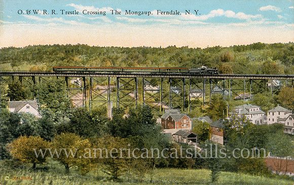 Vintage photograph titled "O. & W. R. R. Trestle Crossing The Mongaup, Ferndale, N. Y." published by photographer Otto Hillig of Liberty, New York.