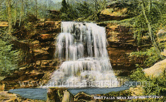 Vintage postcard titled "High Falls, Near Aden, Sull. Co., N. Y." published by photographer Otto Hillig of Liberty, New York.