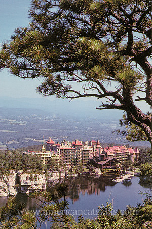 Vintage postcard titled "Mohonk Mountain House and Lake, Breathtaking View as seen from Skytop Path" by photographer Ruth H. Smiley.