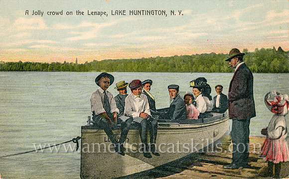 Vintage photograph titled "A Jolly Crowd on the Lenape, Lake Huntington, N. Y."