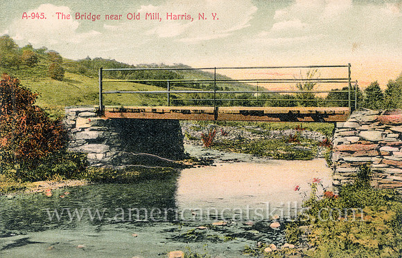 Vintage postcard titled "The Bridge near Old Mill, Harris, N. Y." published by photographer Otto Hillig of Liberty, New York.