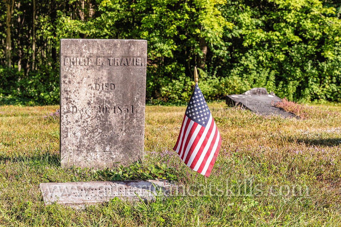 Photograph of the grave of Philip B. Travis at the Second Old School Baptist Church of Roxbury in Delaware County, New York.
