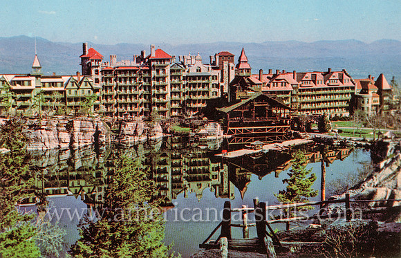 Vintage postcard titled "View of House and Lake from Skytop Path" by photographer Ruth H. Smiley.