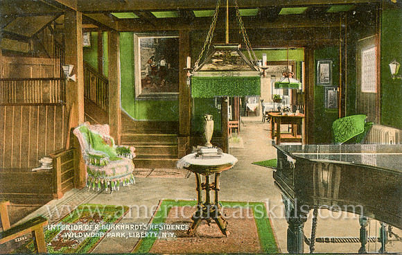 Vintage postcard titled "Interior of R. Burkhardt's Residence, Wildwood Park, Liberty, N. Y." published by photographer Otto Hillig of Liberty, New York.