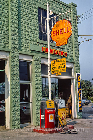 Shell Gasoline sign, angle view, Delaware Street, Walton, New York