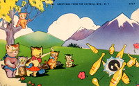 An artistic postcard titled "Greetings from the Catskill Mts., N.Y." depicting a group of cats bowling.