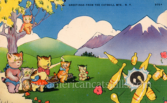 An artistic postcard titled "Greetings from the Catskill Mts., N.Y." depicting a group of cats bowling.