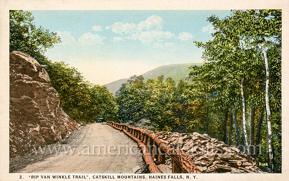 Vintage postcard titled "Rip Van Winkle Trail, Catskill Mountains, Haines Falls, N. Y." by the photographic firm of Rusk and Andrews of Haines Falls, New York.