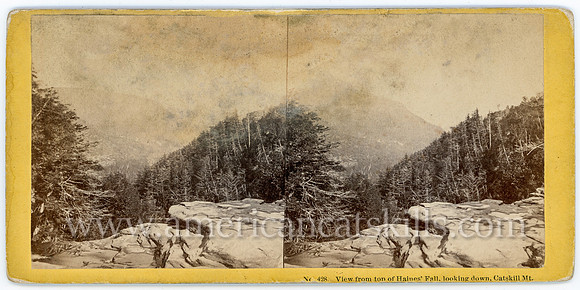Stereoview by John P. Soulte titled "View from top of Haines' Fall, looking down, Catskill Mt."