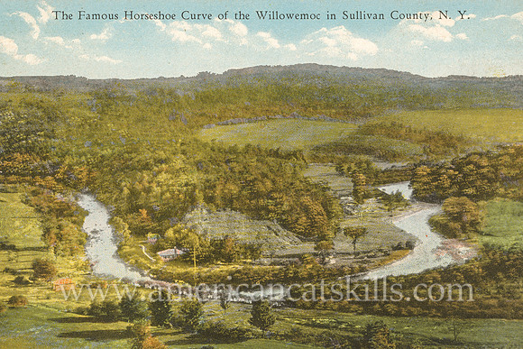 Vintage postcard titled “The Famous Horseshoe Curve of the Willowemoc in Sullivan County, N. Y.” published by photographer Otto Hillig.