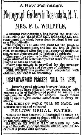 Advertisement for Mrs. F. L. Whipple, a photographer at Rosendale, New York.