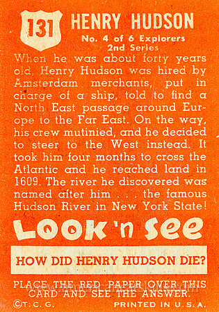 Henry Hudson, Explorer, Topps, 1952 Look n See Card (Back)