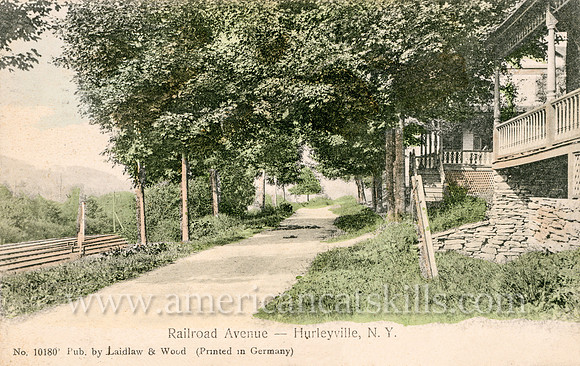 Vintage postcard titled "Railroad Avenue - Hurleyville, N. Y." published by the photographic firm of Laidlaw and Wood of Hurleyville, New York.