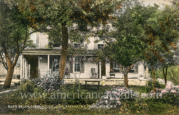 Vintage postcard titled "Glen Brook Farm House, John Abernethy, Prop., Aden, N. Y." published by photographer Otto Hillig of Liberty, New York.