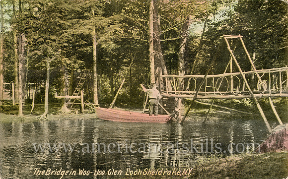 Vintage postcard titled "The Bridge in Woo-Hoo Glen, Loch Sheldrake, N. Y." published by photographer L. G. Laidlaw of Loch Sheldrake, New York.