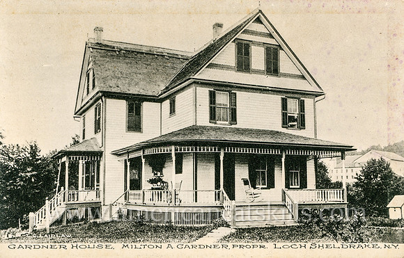 Vintage postcard titled "Gardiner House Milton A. Gardner, Propr., Loch Sheldrake, N. Y." published by photographer L. G. Laidlaw of Loch Sheldrake, New York.