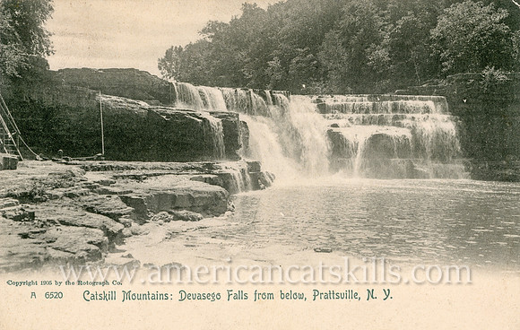 Postcard titled "Catskill Mountains, Devasego Falls from below, Prattsville, N.Y."