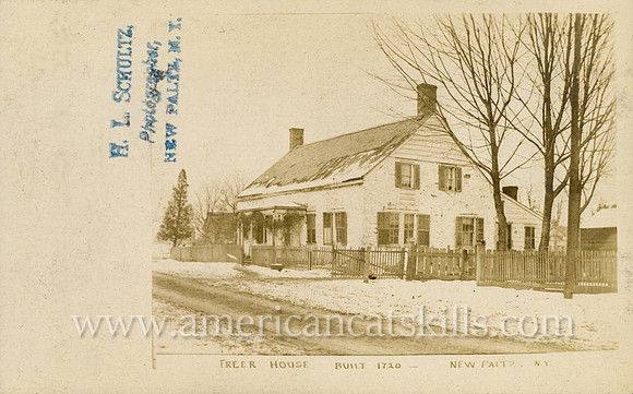 Vintage postcard by photographer H. L. Schultz of New Paltz, New York titled "Freer House, Built 1720, New Paltz, N. Y."