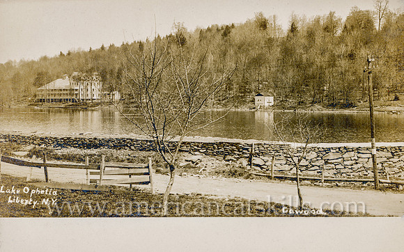 Vintage postcard titled "Lake Ophelia, Liberty, N. Y." published by photographer Albert Cawood of Liberty, New York.
