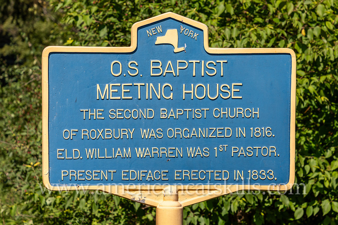Photograph and history of the Second Old School Baptist Church of Roxbury in Delaware County, New York.